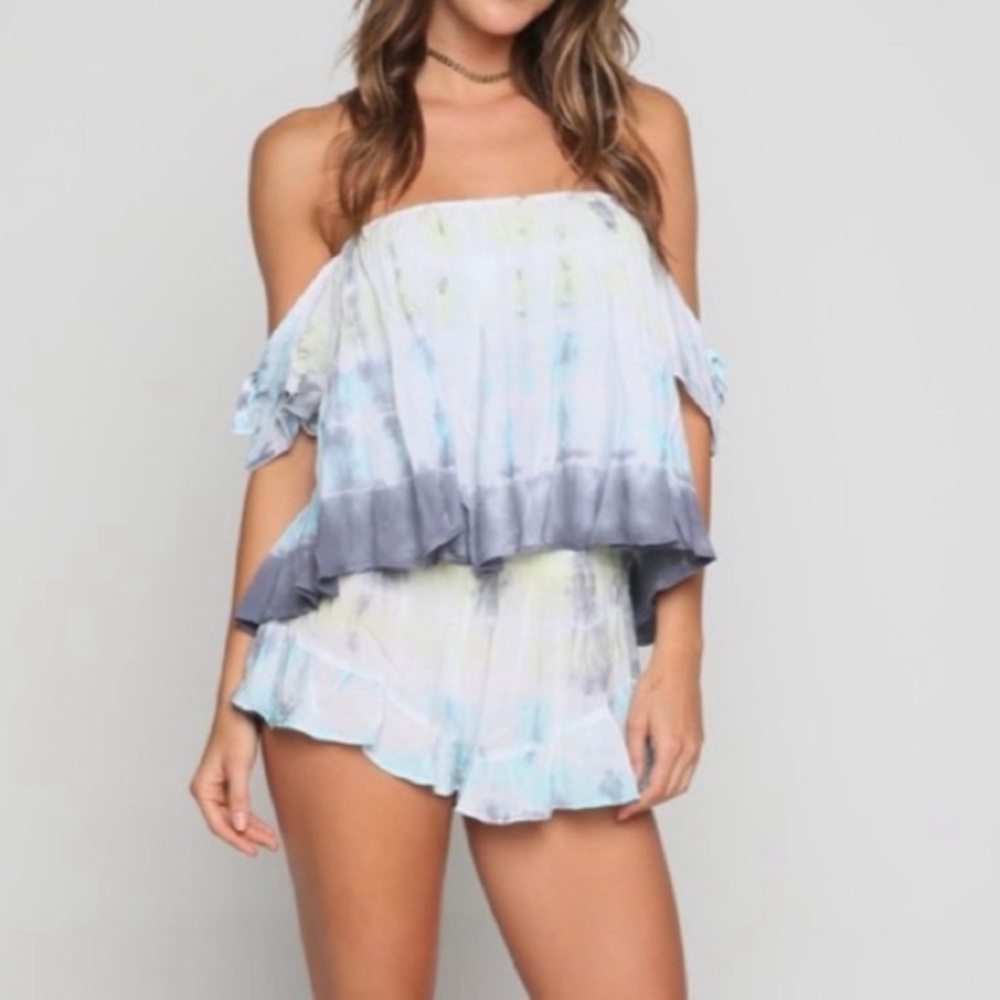 Surf Gypsy Off-Shoulder Tie-Dye Romper in White, Blue, Gray